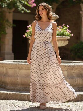 Boden Paisley Maxi Dress Tie Waist Boho Summer Viscose Flowy Cream Navy Red 14R